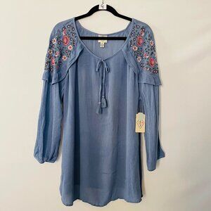 NWT St. John's Bay Womens Colony Blue Embroidered Ruffle Boho Blouse Top Size L